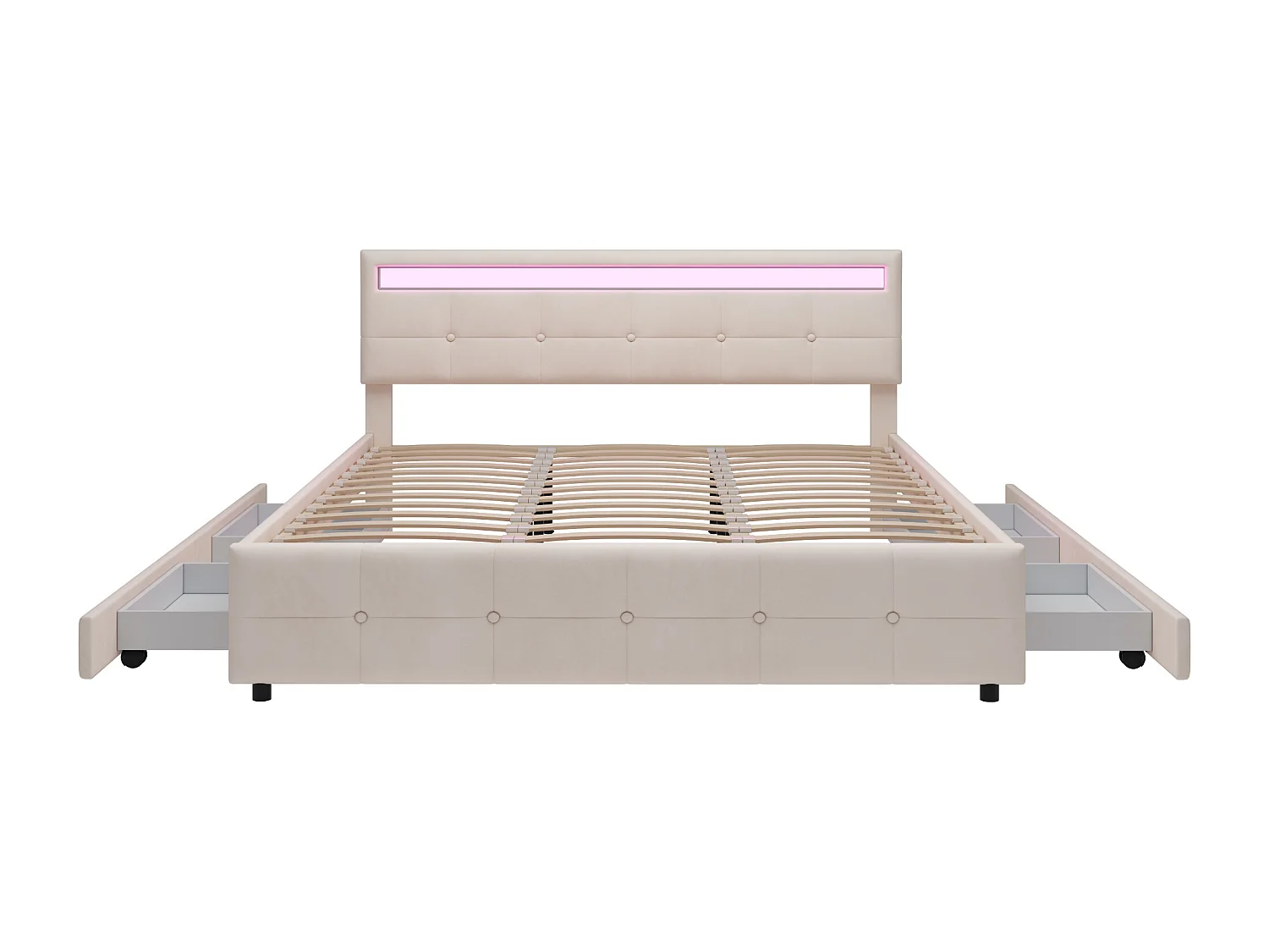 Bed met hoofdeinde en opbergruimte - 180 x 200 cm - 4 lades - fluwelen stof - LED verlichting - lattenbodem - beige