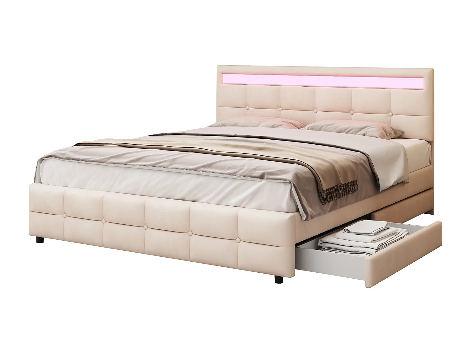 Bed met hoofdeinde en opbergruimte - 180 x 200 cm - 4 lades - fluwelen stof - LED verlichting - lattenbodem - beige