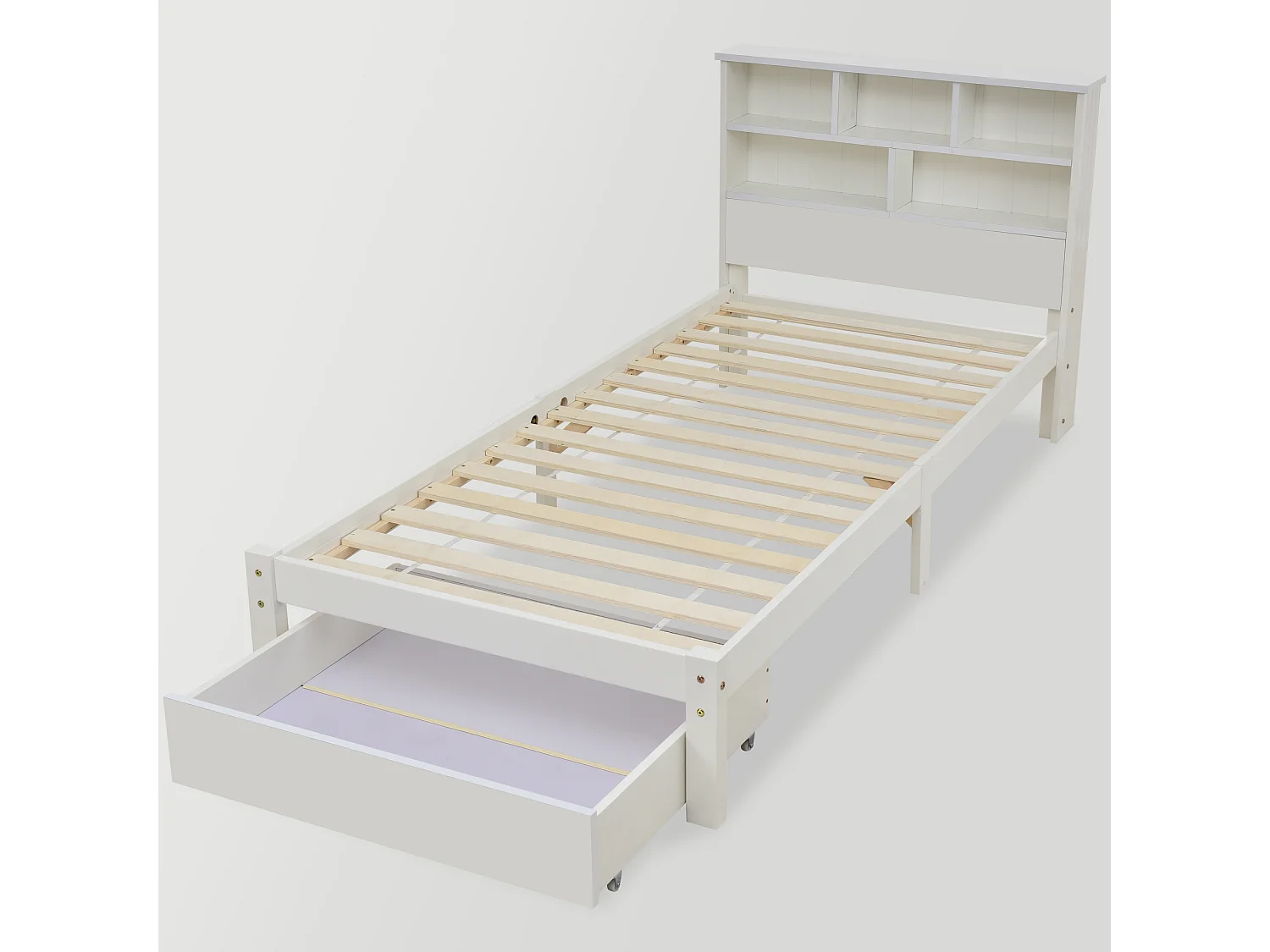 Bett mit Stauraum-Kopfteil und Schublade – 90 x 200 cm – Massivholz – Weiß