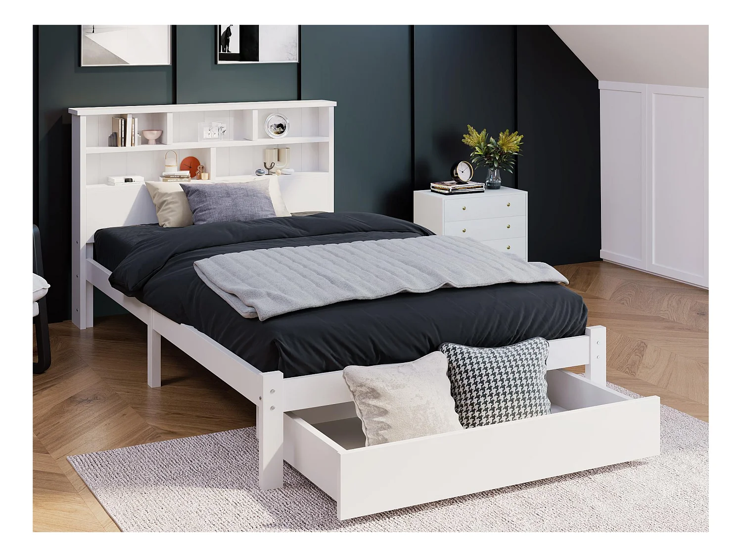 Lit avec tête de lit rangement et tiroir - 90 x 200 cm - bois massif - blanc