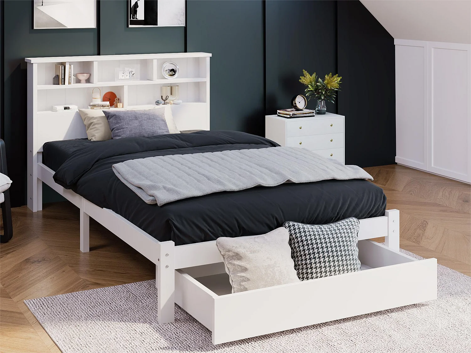 Bett mit Stauraum-Kopfteil und Schublade – 90 x 200 cm – Massivholz – Weiß