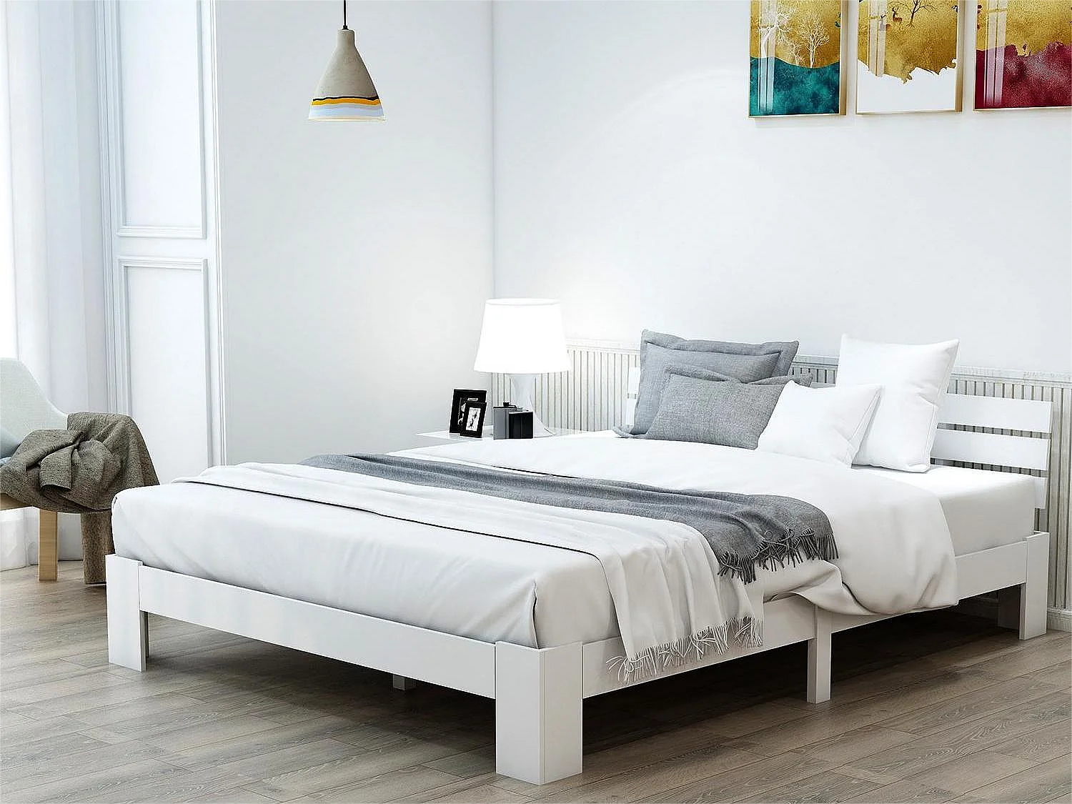 Cama con cabecero - 140 x 200 cm - pino - somier - blanco