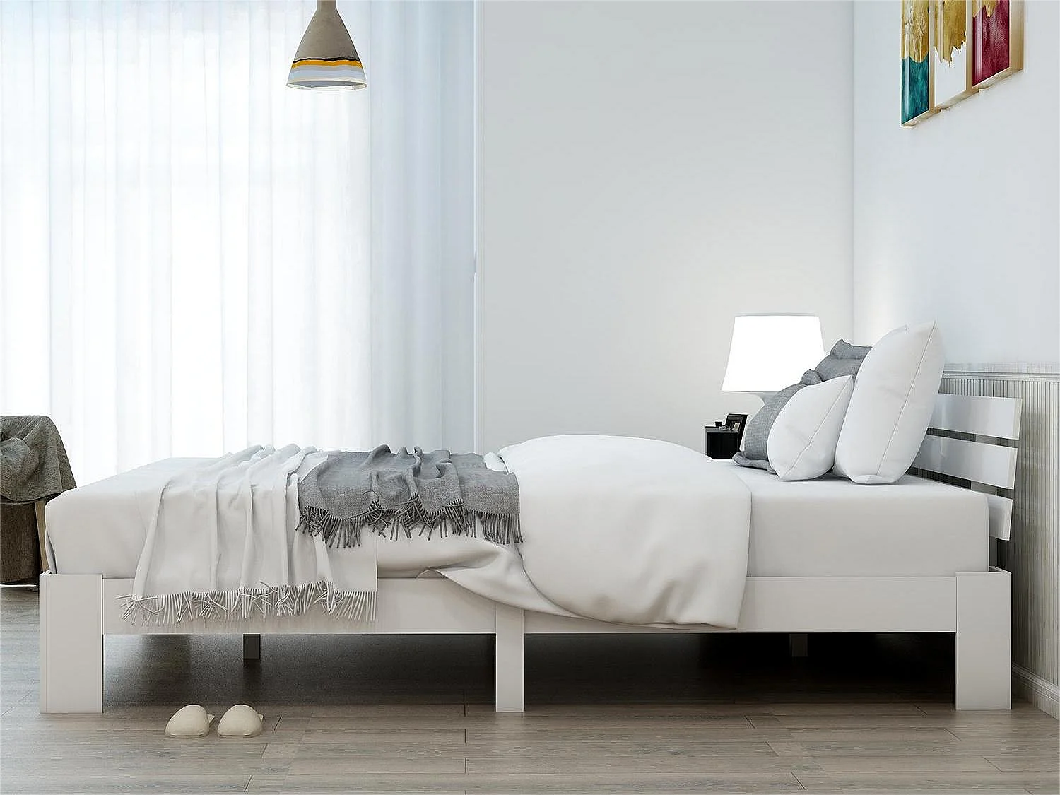 Cama con cabecero - 140 x 200 cm - pino - somier - blanco
