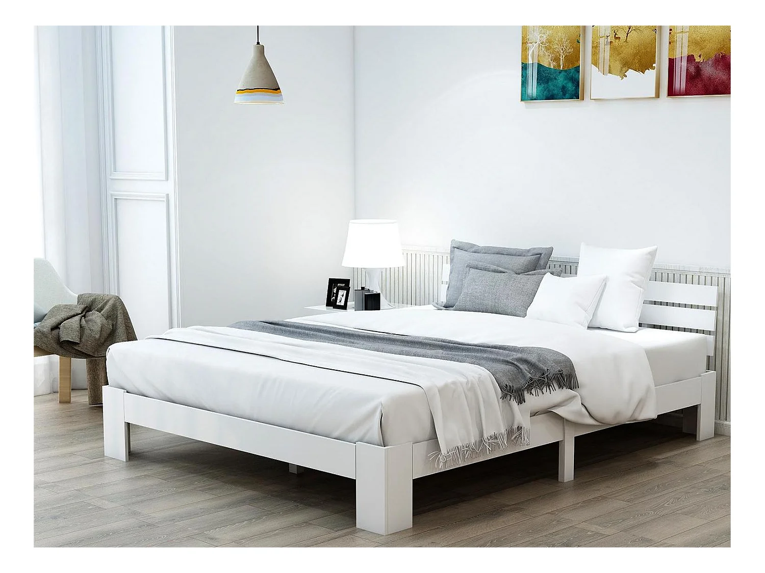 Lit avec tête de lit - 140 x 200 cm - pin - sommier à lattes - blanc