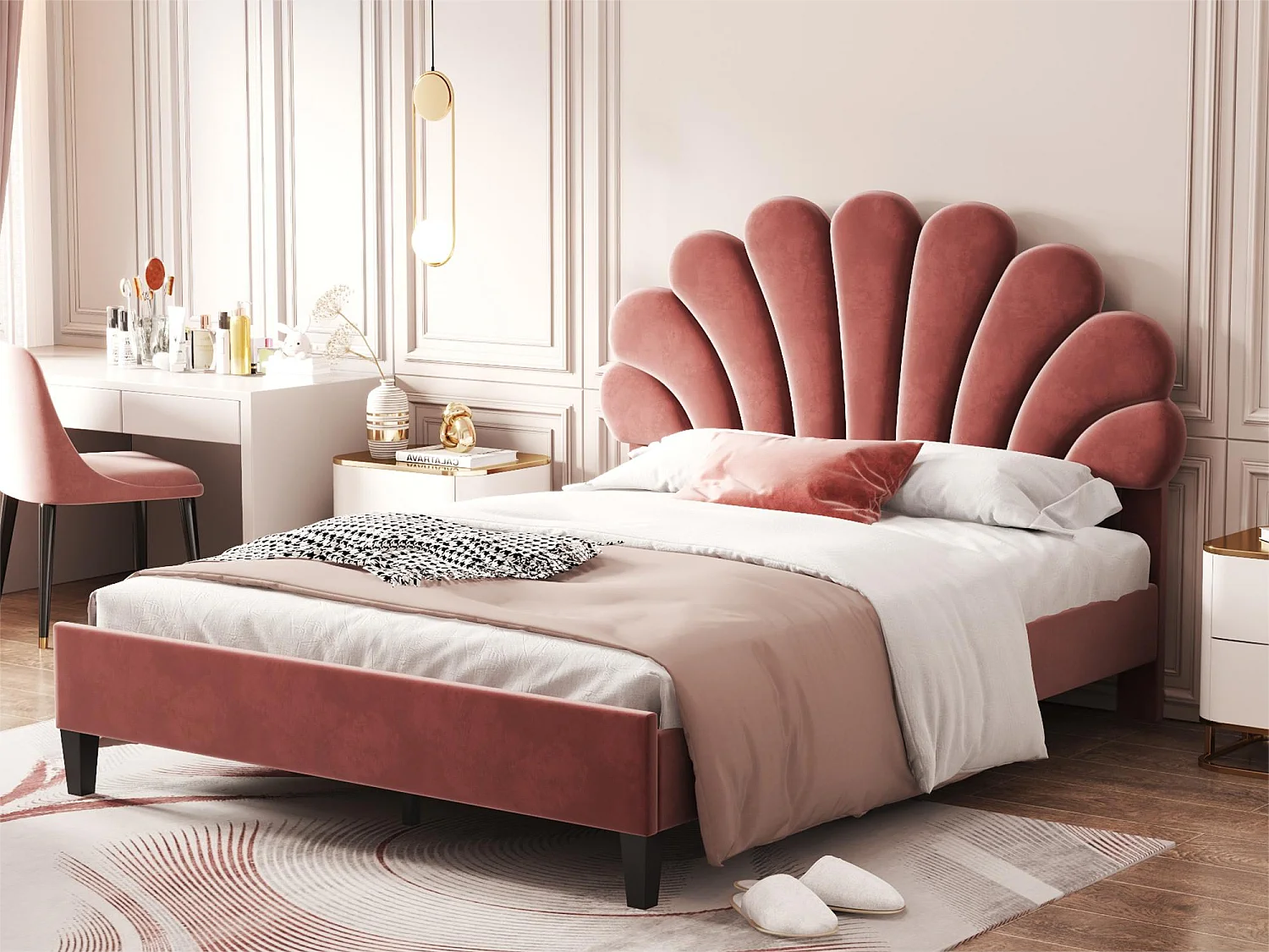 Lit avec tête de lit - 140 x 200 cm - tissu velours - sommier à lattes - rouge