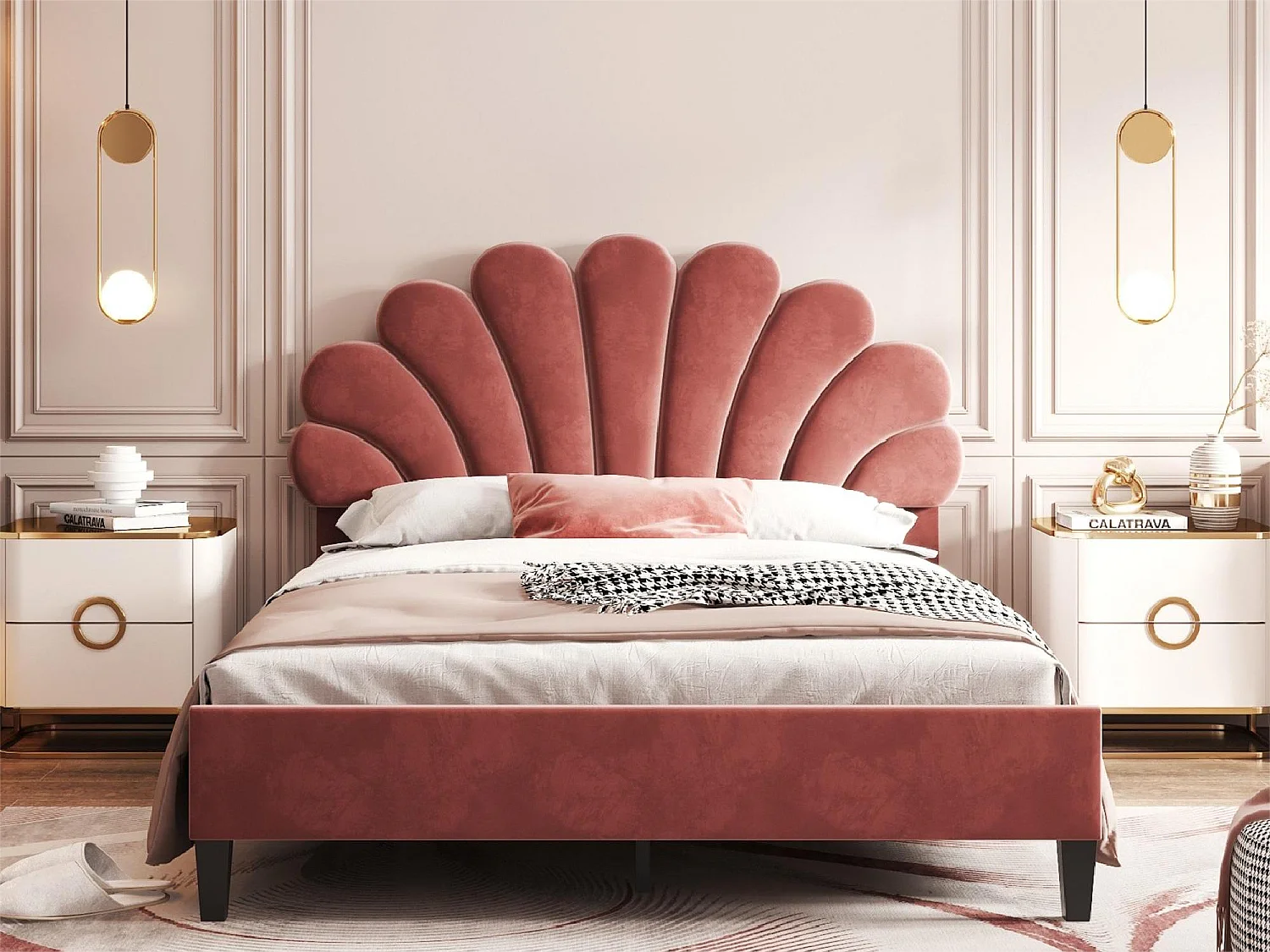 Lit avec tête de lit - 140 x 200 cm - tissu velours - sommier à lattes - rouge