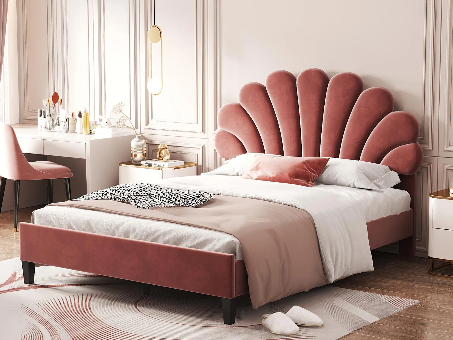 Lit avec tête de lit - 140 x 200 cm - tissu velours - sommier à lattes - rouge