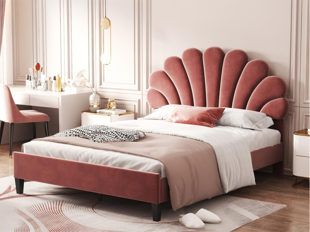 Cama com cabeceira - 140 x 200 cm - tecido veludo - base de ripas - vermelho