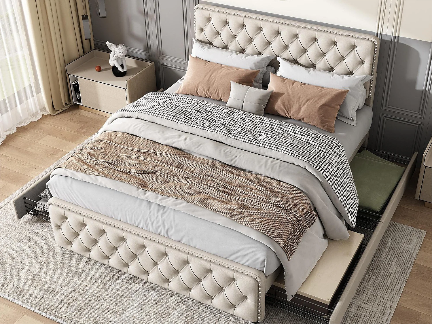 Bett 160 x 200 cm mit 4 Schubladen – verstellbares Kopfteil – Lattenrost – Leinen – Beige