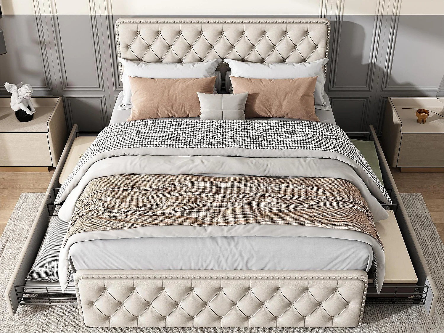 Bett 160 x 200 cm mit 4 Schubladen – verstellbares Kopfteil – Lattenrost – Leinen – Beige