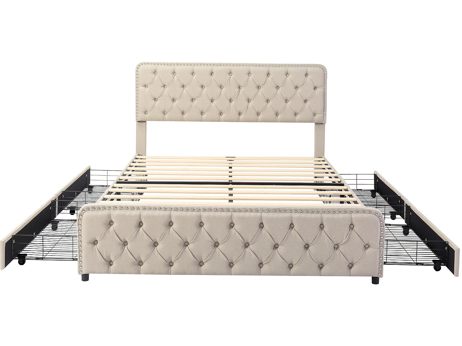 Bett 160 x 200 cm mit 4 Schubladen – verstellbares Kopfteil – Lattenrost – Leinen – Beige