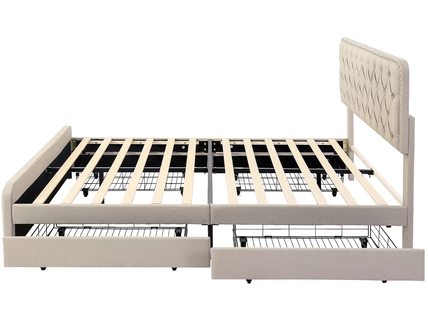 Bett 160 x 200 cm mit 4 Schubladen – verstellbares Kopfteil – Lattenrost – Leinen – Beige