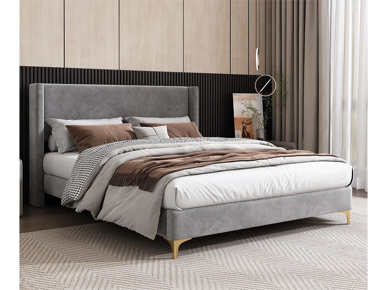 Lit double 140 x 200 cm en velours avec sommier à lattes pièds en métal pour adulte gris