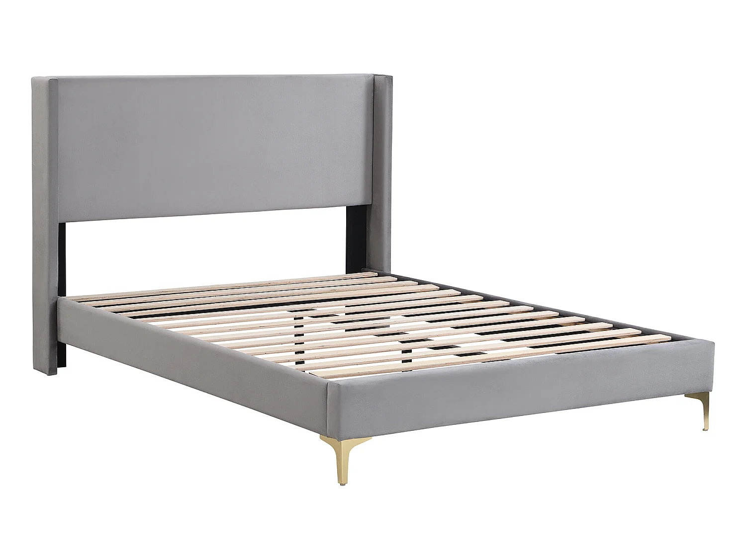 Lit double 140 x 200 cm en velours avec sommier à lattes pièds en métal pour adulte gris