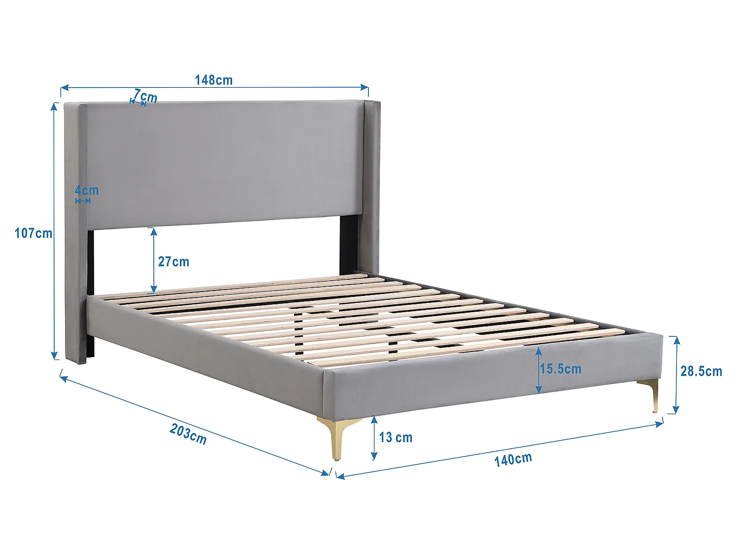 Lit double 140 x 200 cm en velours avec sommier à lattes pièds en métal pour adulte gris