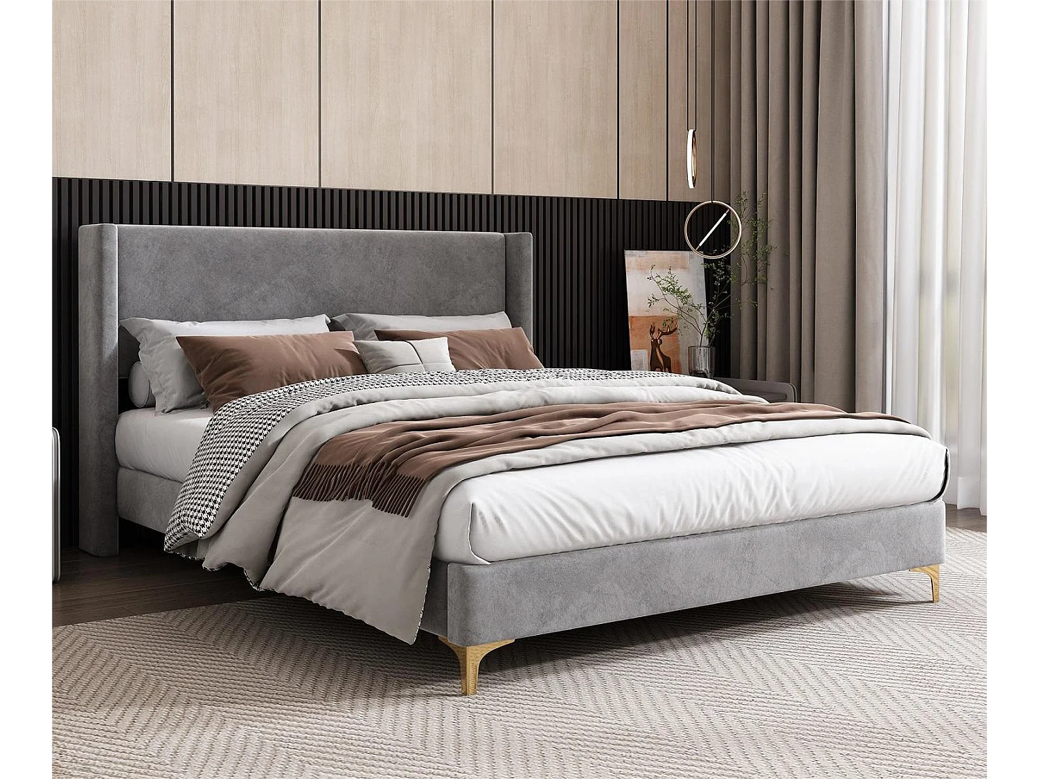 Lit double 140 x 200 cm en velours avec sommier à lattes pièds en métal pour adulte gris