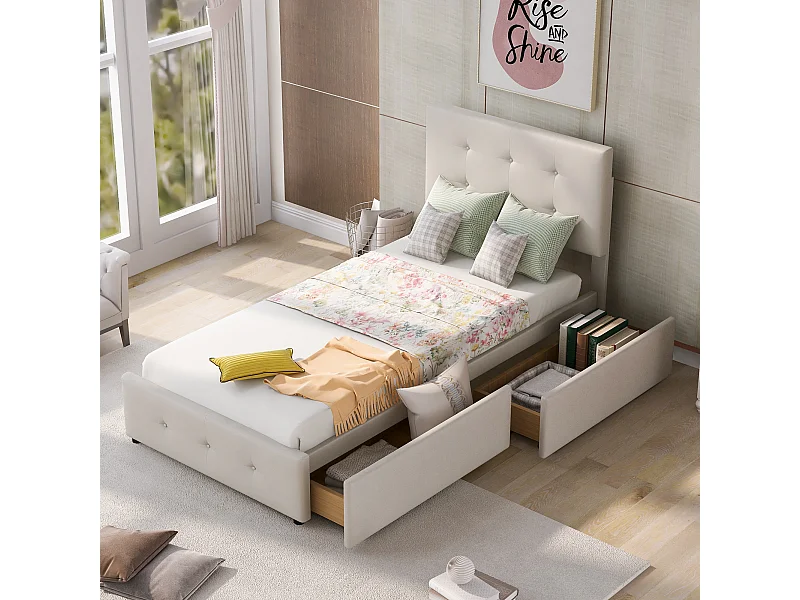 Bett mit Kopfteil und 2 Schubladen – 90 x 200 cm – Lattenrost – Beige