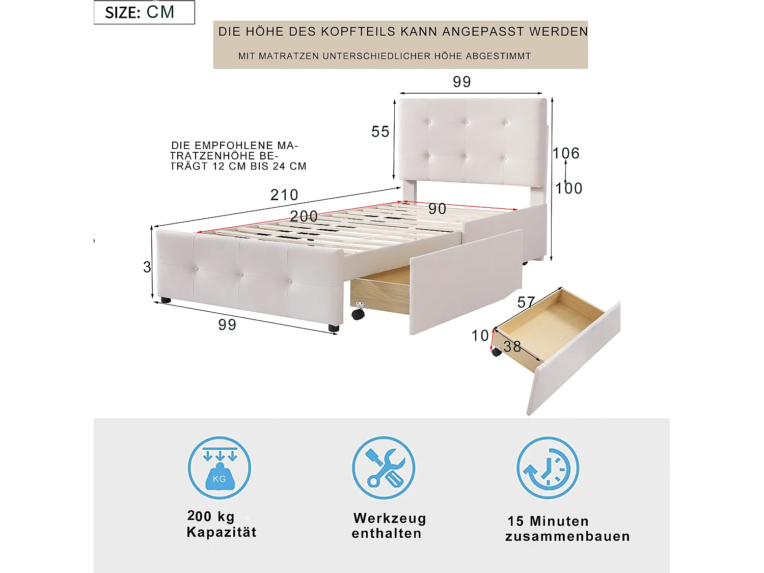 Bett mit Kopfteil und 2 Schubladen – 90 x 200 cm – Lattenrost – Beige