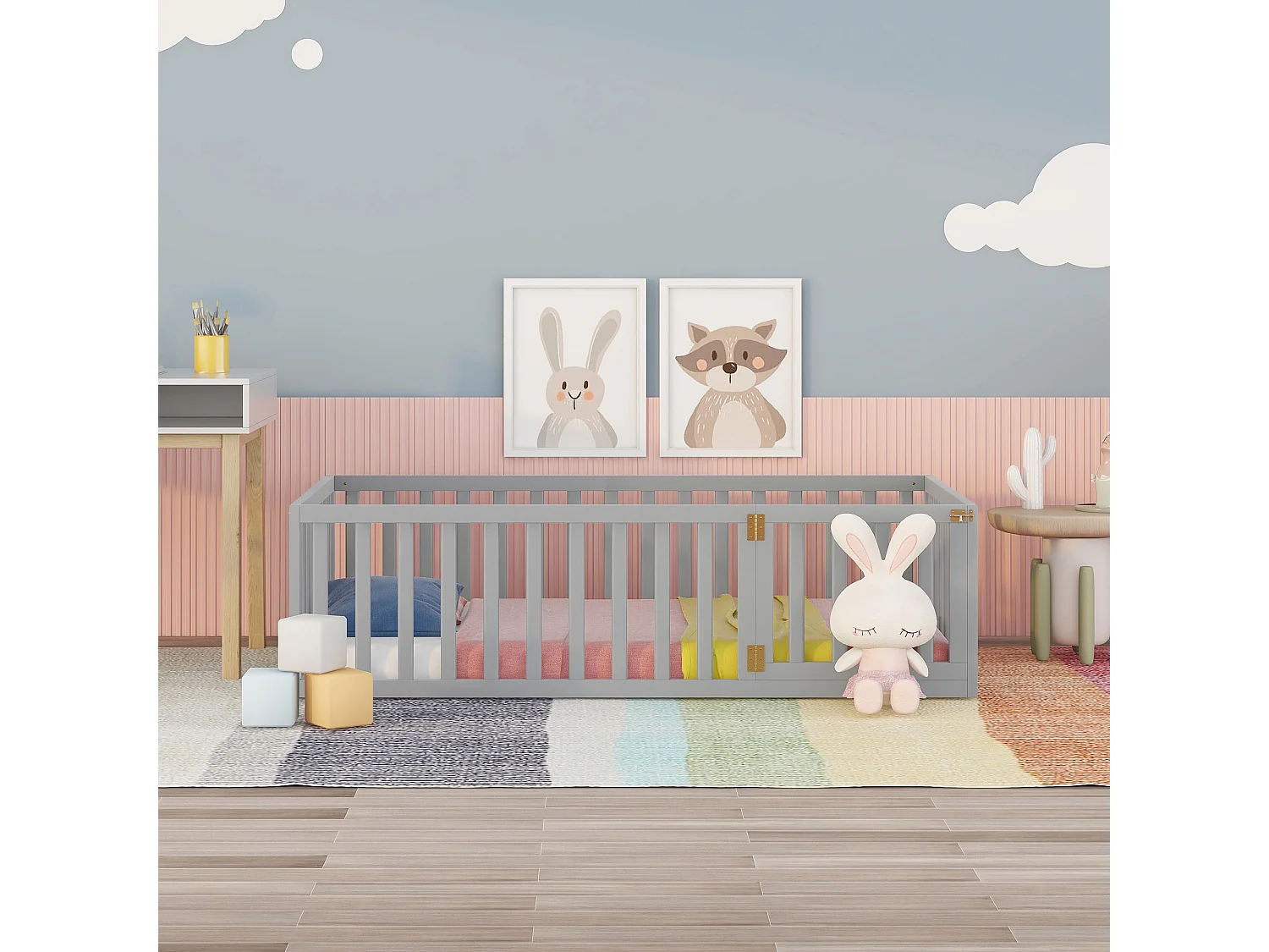Kinderbabybedje - 90 x 200 cm - hek en deur - zonder lattenbodem - grijs