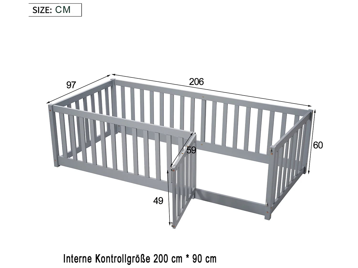 Kinderbabybedje - 90 x 200 cm - hek en deur - zonder lattenbodem - grijs