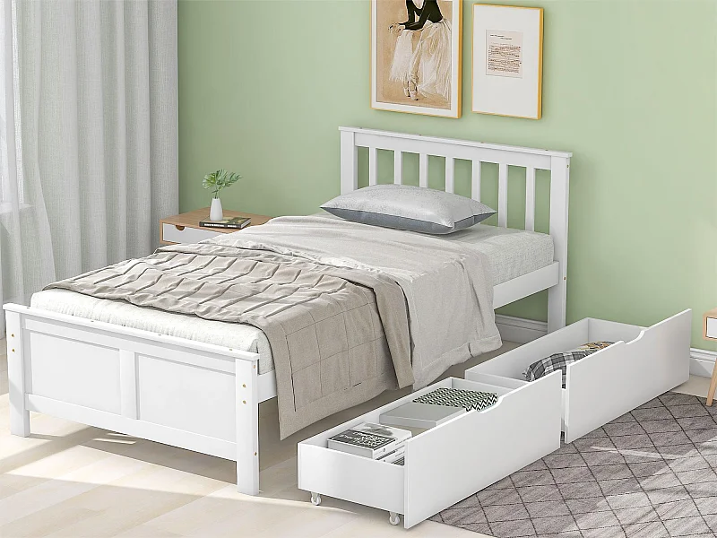 Bett mit Kopfteil und 2 Schubladen – 90 x 200 cm – Kiefer – Lattenrost – Weiß