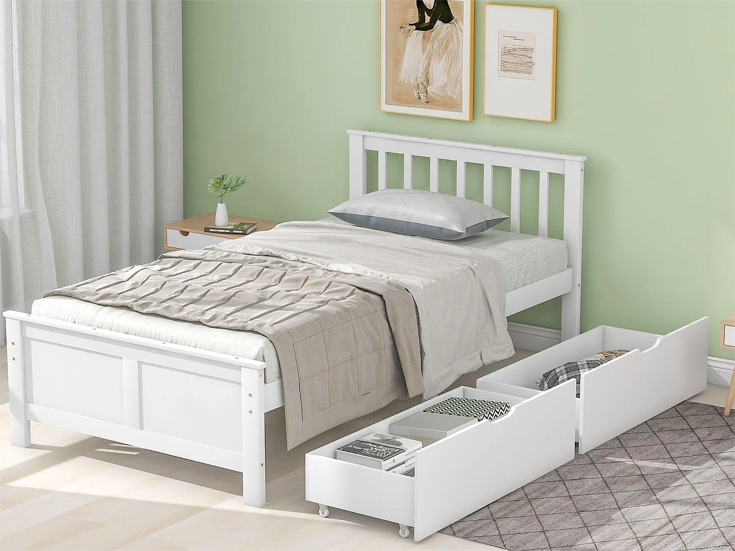 Lit avec tête de lit et 2 tiroirs - 90 x 200 cm - pin - sommier à lattes - blanc