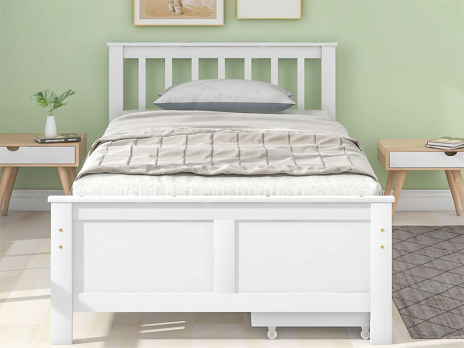 Cama con cabecero y 2 cajones - 90 x 200 cm - pino - somier de láminas - blanco