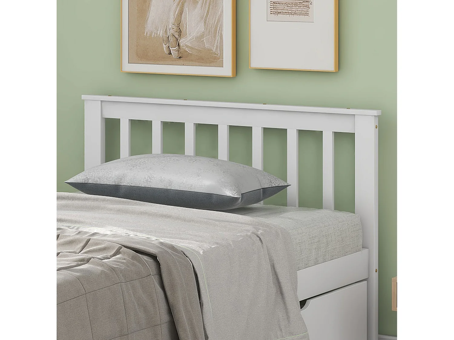 Cama con cabecero y 2 cajones - 90 x 200 cm - pino - somier de láminas - blanco