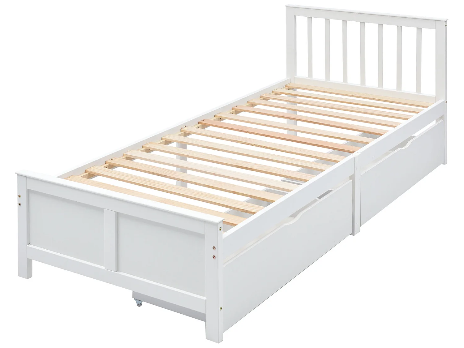 Cama con cabecero y 2 cajones - 90 x 200 cm - pino - somier de láminas - blanco