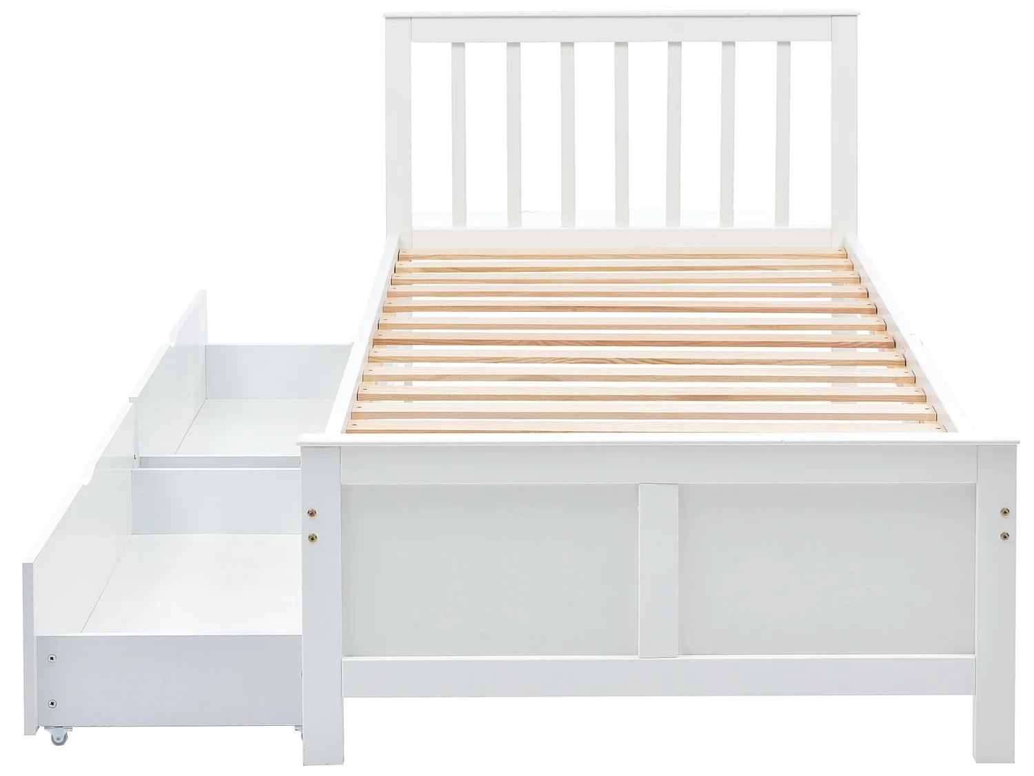 Cama con cabecero y 2 cajones - 90 x 200 cm - pino - somier de láminas - blanco