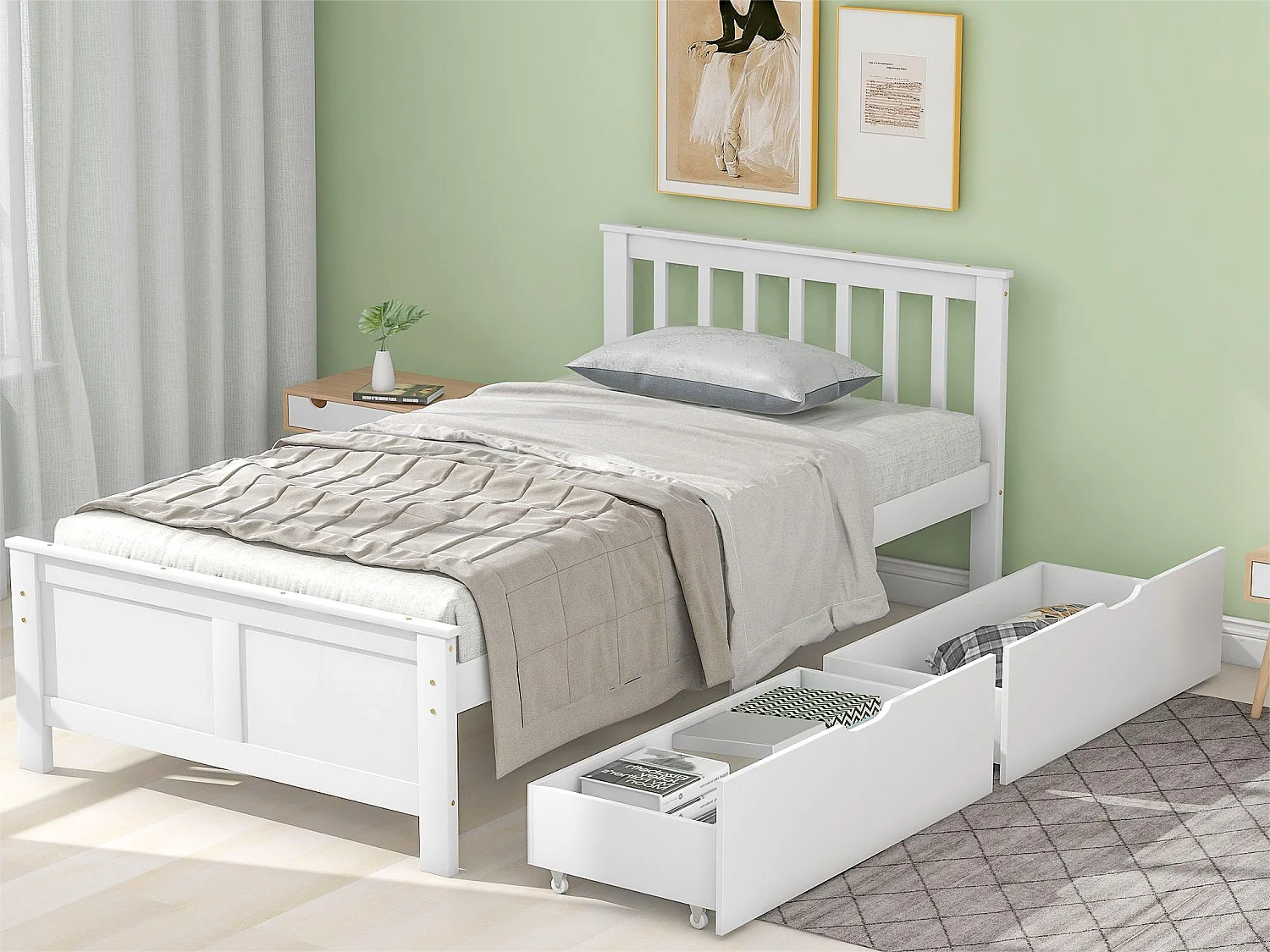 Bed met hoofdeinde en 2 lades - 90 x 200 cm - grenen - lattenbodem - wit