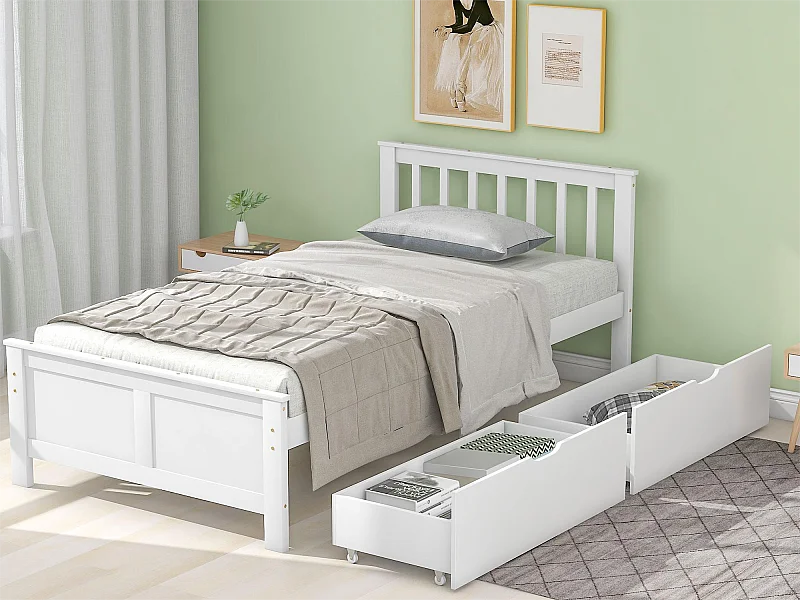 Bed met hoofdeinde en 2 lades - 90 x 200 cm - grenen - lattenbodem - wit