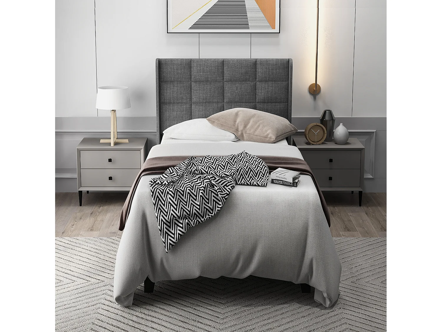 Lit avec tête de lit réglable - 90 x 200 cm - tissu lin - sommier à lattes - gris