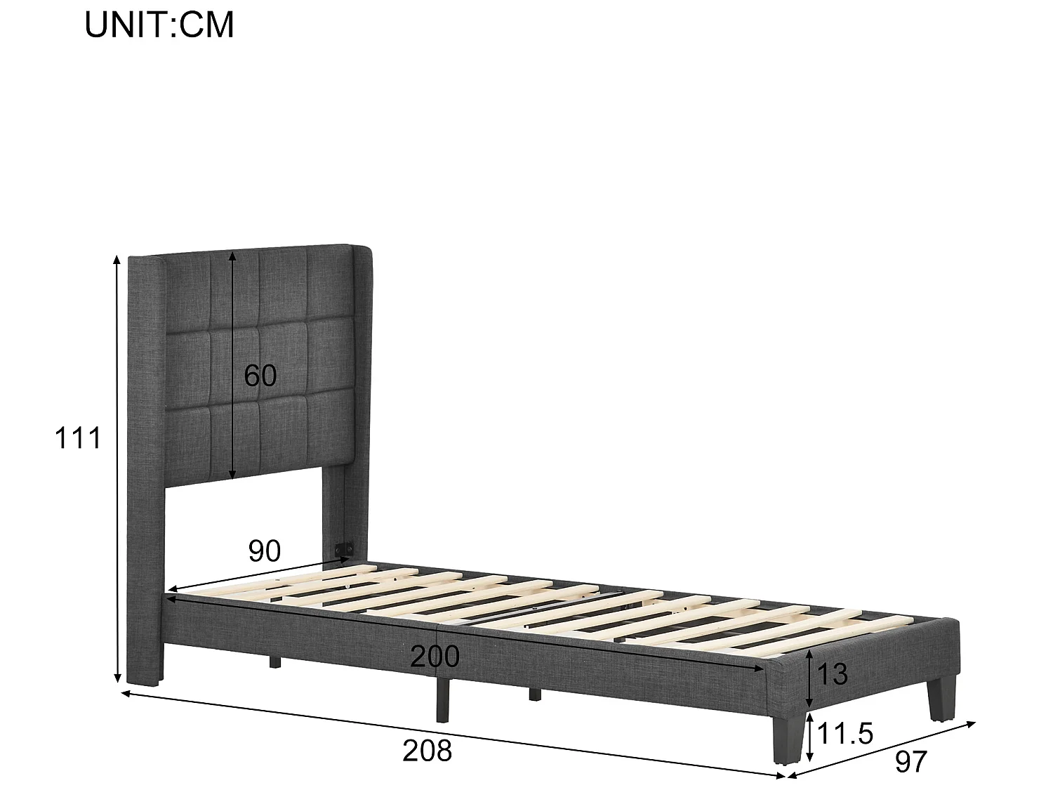 Lit avec tête de lit réglable - 90 x 200 cm - tissu lin - sommier à lattes - gris