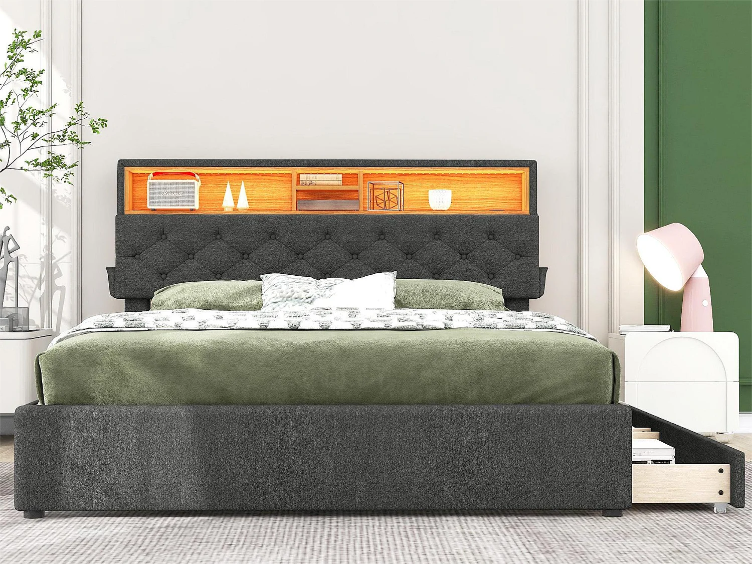 Cama com cabeceira arrumada e 2 gavetas - 140 x 200 cm - tecido de linho - iluminação LED - cor cinza