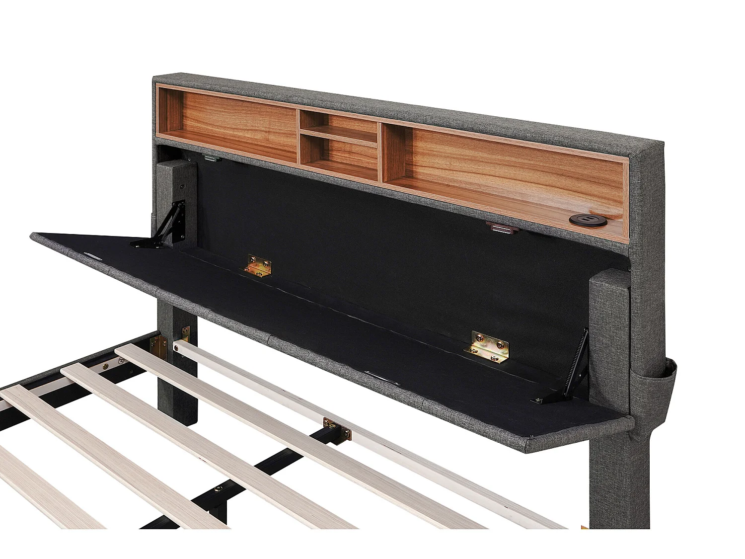 Cama com cabeceira arrumada e 2 gavetas - 140 x 200 cm - tecido de linho - iluminação LED - cor cinza