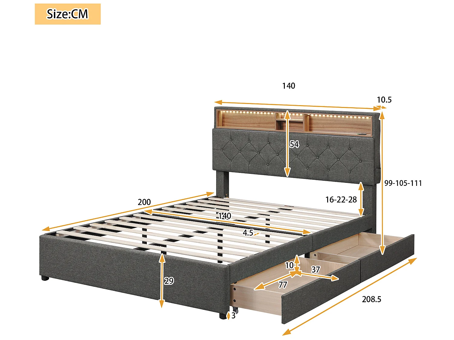 Cama com cabeceira arrumada e 2 gavetas - 140 x 200 cm - tecido de linho - iluminação LED - cor cinza