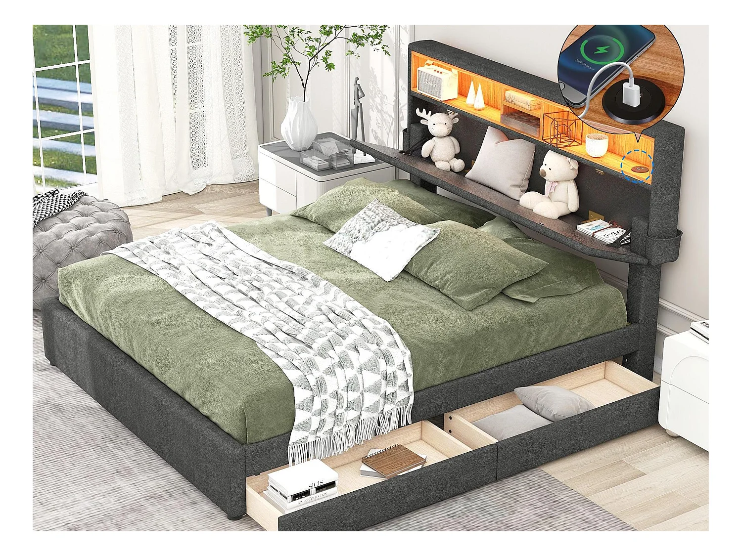 Lit avec tête de lit rangement et 2 tiroirs - 140 x 200 cm - tissu lin - éclairage led - coloris gris