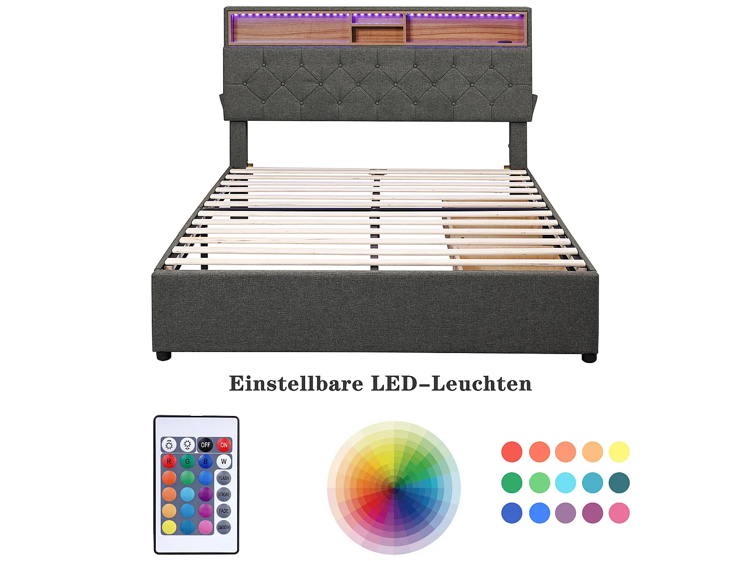 Lit avec tête de lit rangement et 2 tiroirs - 140 x 200 cm - tissu lin - éclairage led - coloris gris