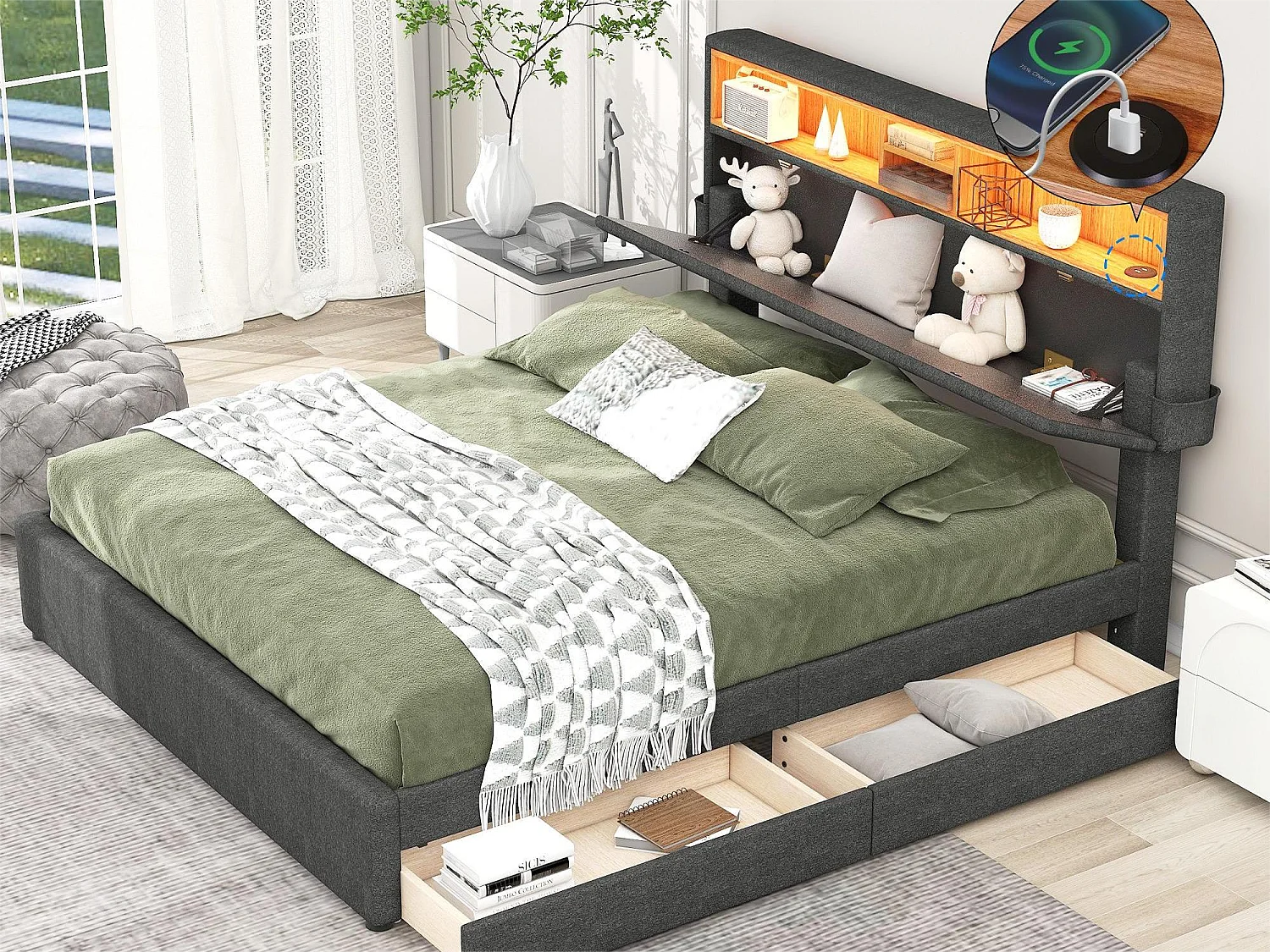 Lit avec tête de lit rangement et 2 tiroirs - 140 x 200 cm - tissu lin - éclairage led - coloris gris