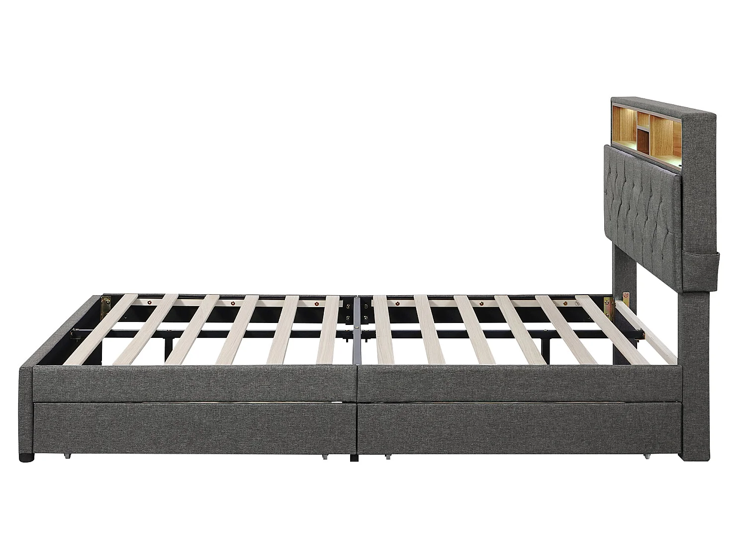 Lit avec tête de lit rangement et 2 tiroirs - 140 x 200 cm - tissu lin - éclairage led - coloris gris