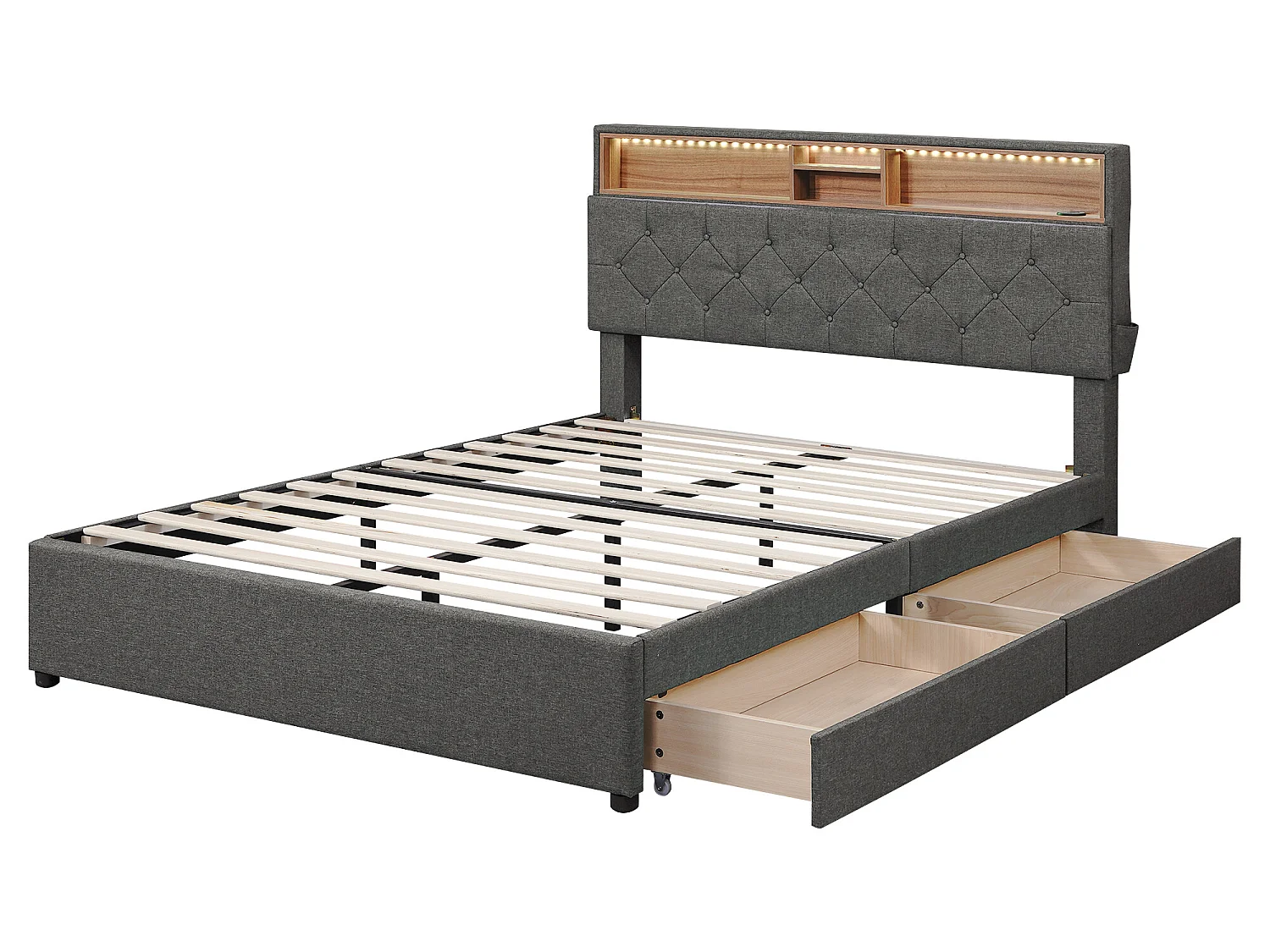 Lit avec tête de lit rangement et 2 tiroirs - 140 x 200 cm - tissu lin - éclairage led - coloris gris