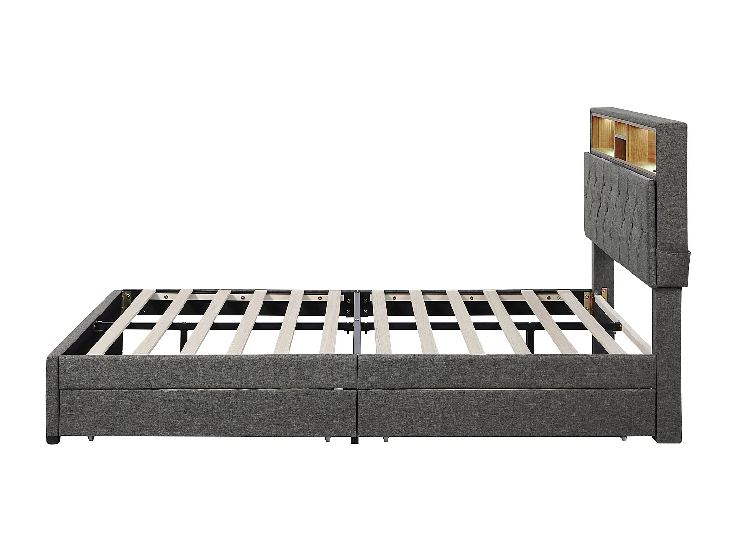 Cama com cabeceira arrumada e 2 gavetas - 140 x 200 cm - tecido de linho - iluminação LED - cor cinza