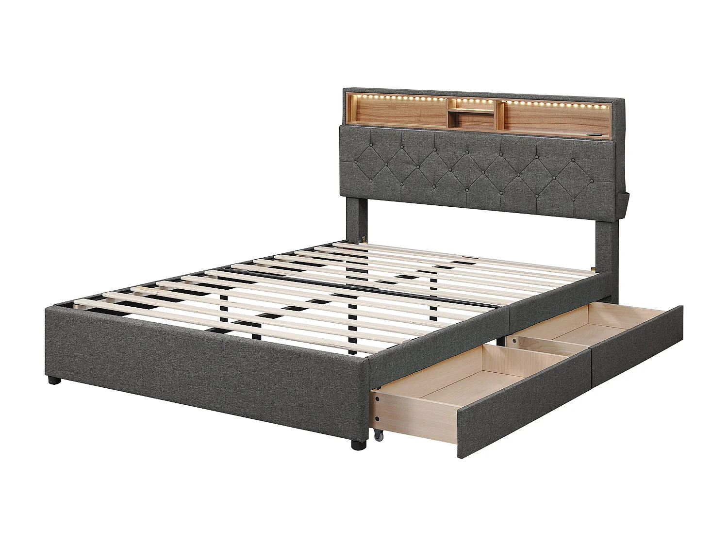 Cama com cabeceira arrumada e 2 gavetas - 140 x 200 cm - tecido de linho - iluminação LED - cor cinza