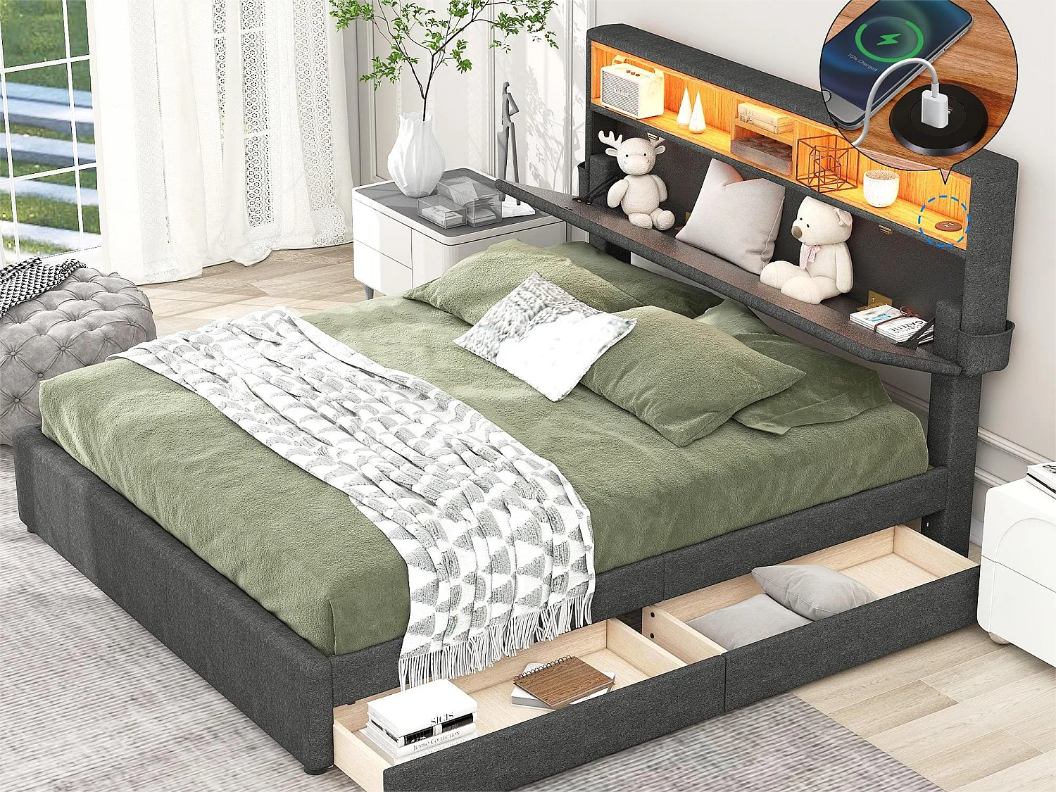 Bed met opberghoofdeinde en 2 laden - 140 x 200 cm - linnen stof - LED-verlichting - grijze kleur