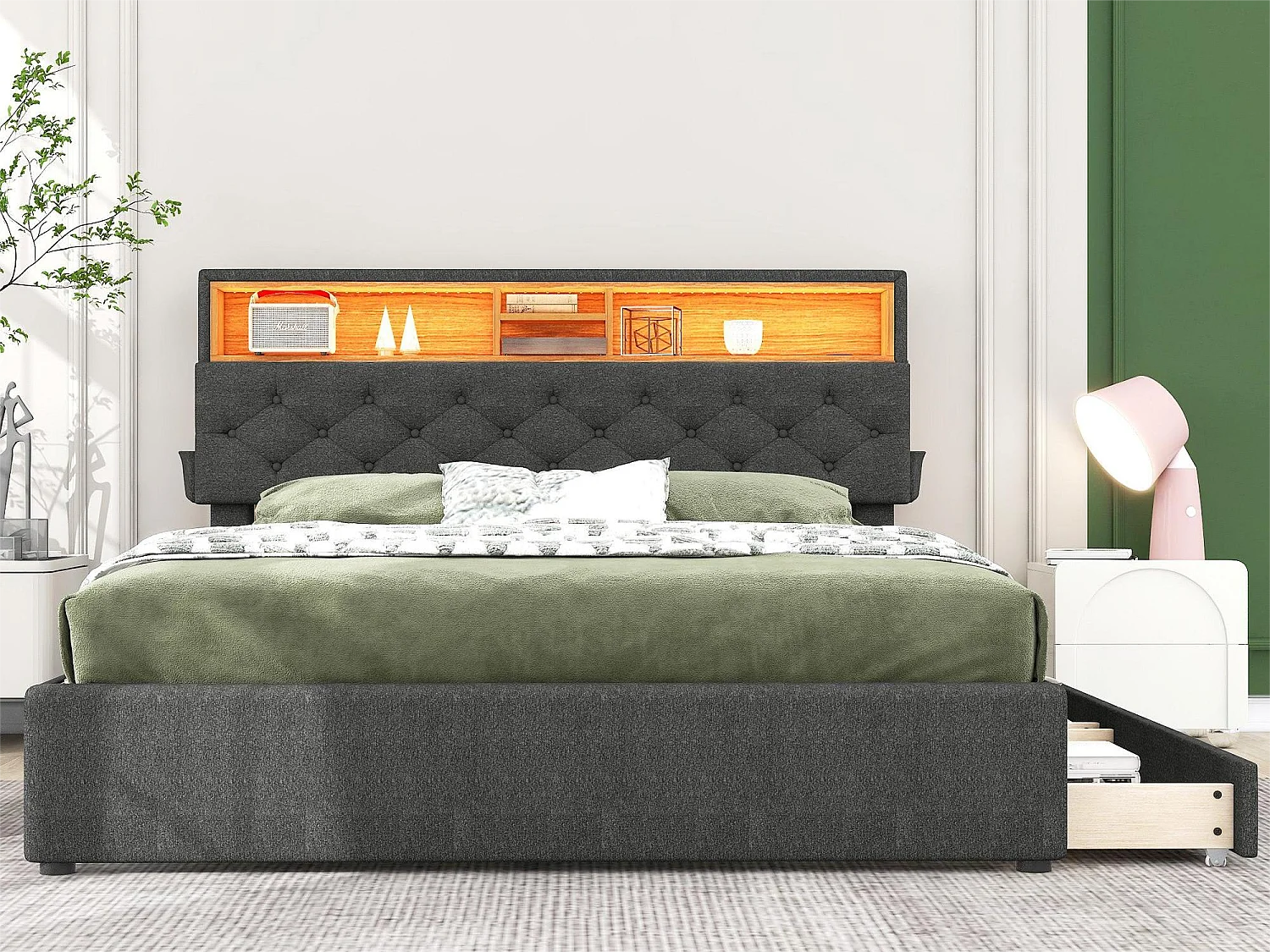 Bed met opberghoofdeinde en 2 laden - 140 x 200 cm - linnen stof - LED-verlichting - grijze kleur