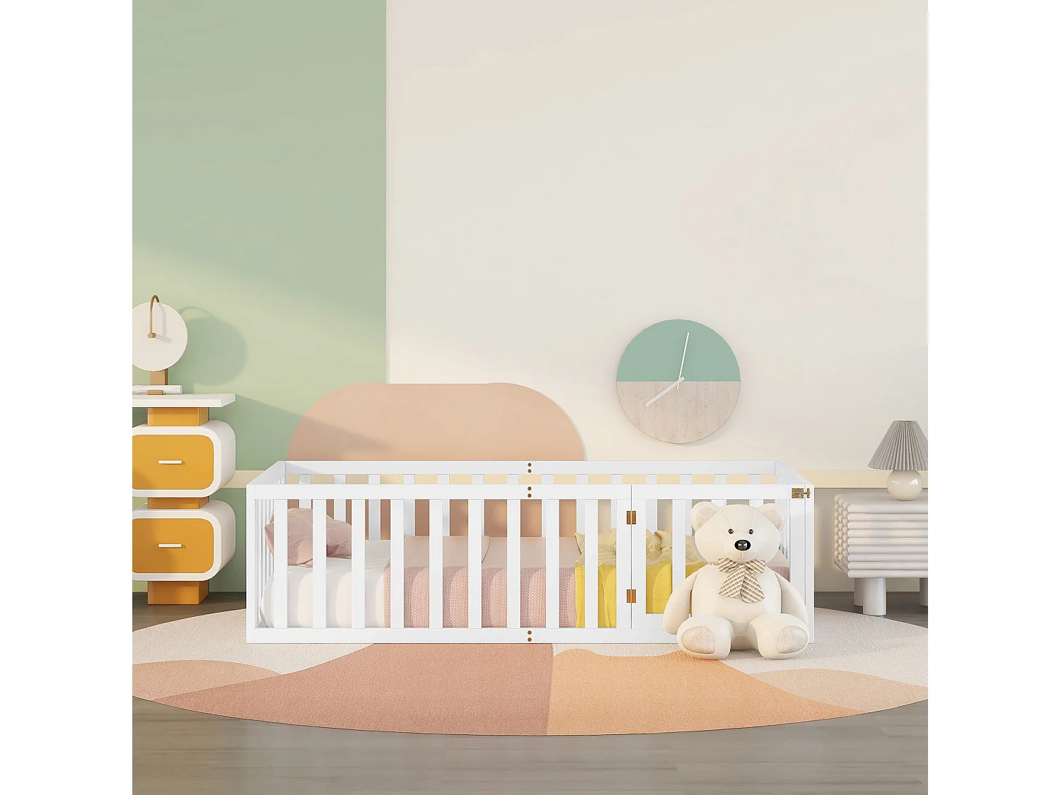 Lettino per bambini - 90 x 200 cm - recinzione e porta - senza rete a doghe - bianco