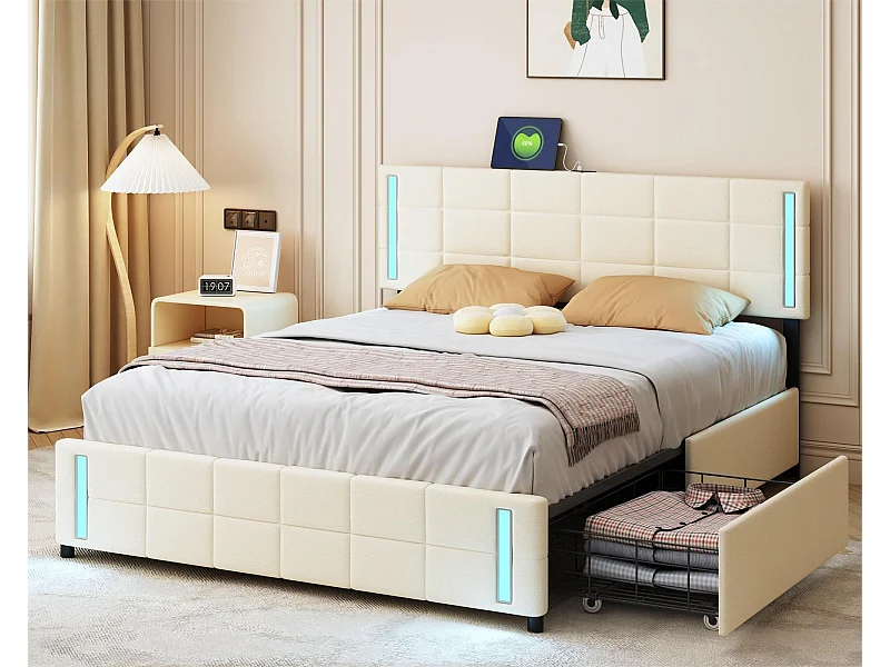 Cama com arrumação - 140 x 200 cm - 4 gavetas - tecido de linho - iluminação LED - base de ripas - bege
