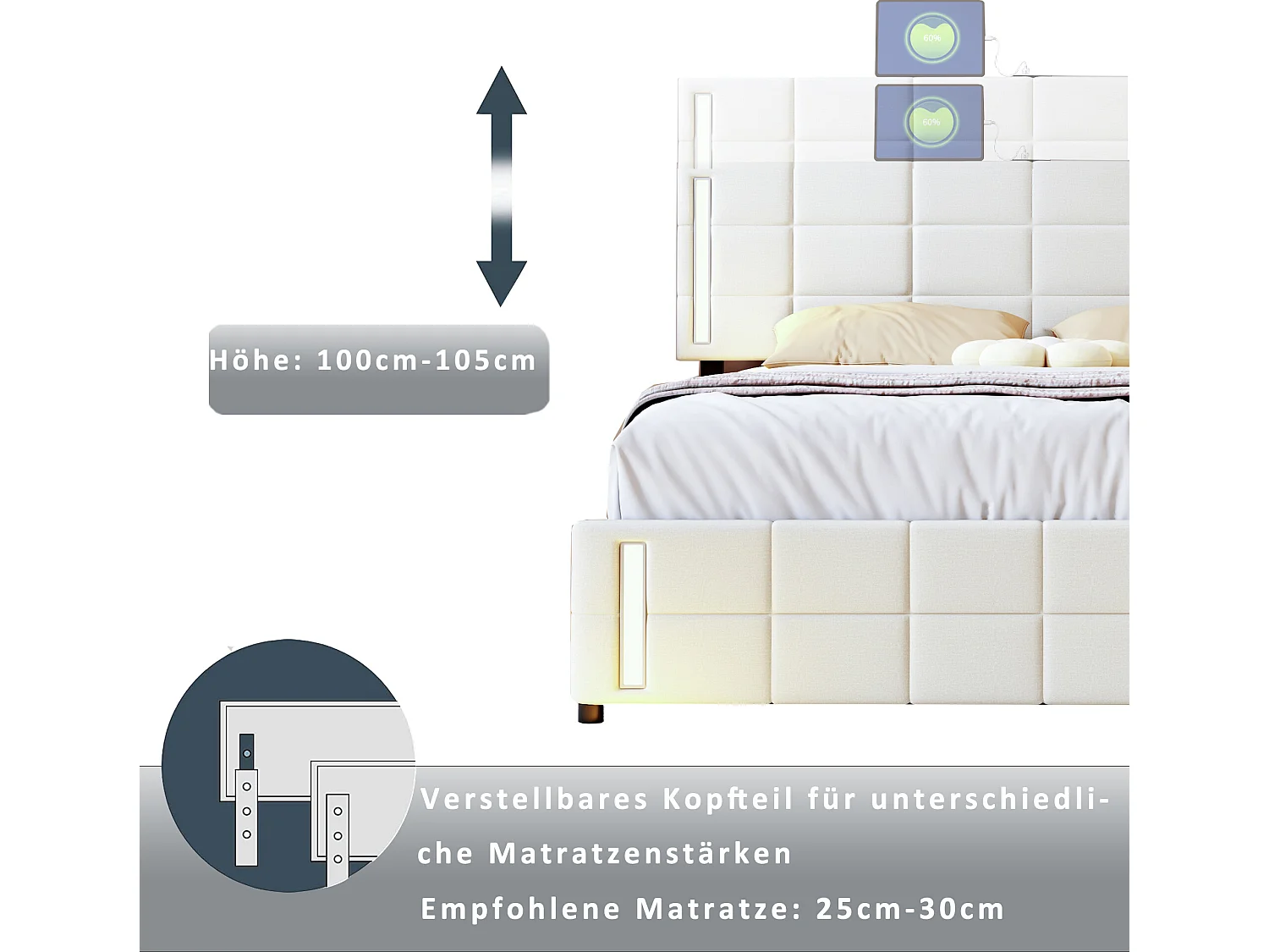 Bed met opbergruimte - 140 x 200 cm - 4 laden - linnenstof - LED-verlichting - lattenbodem - beige