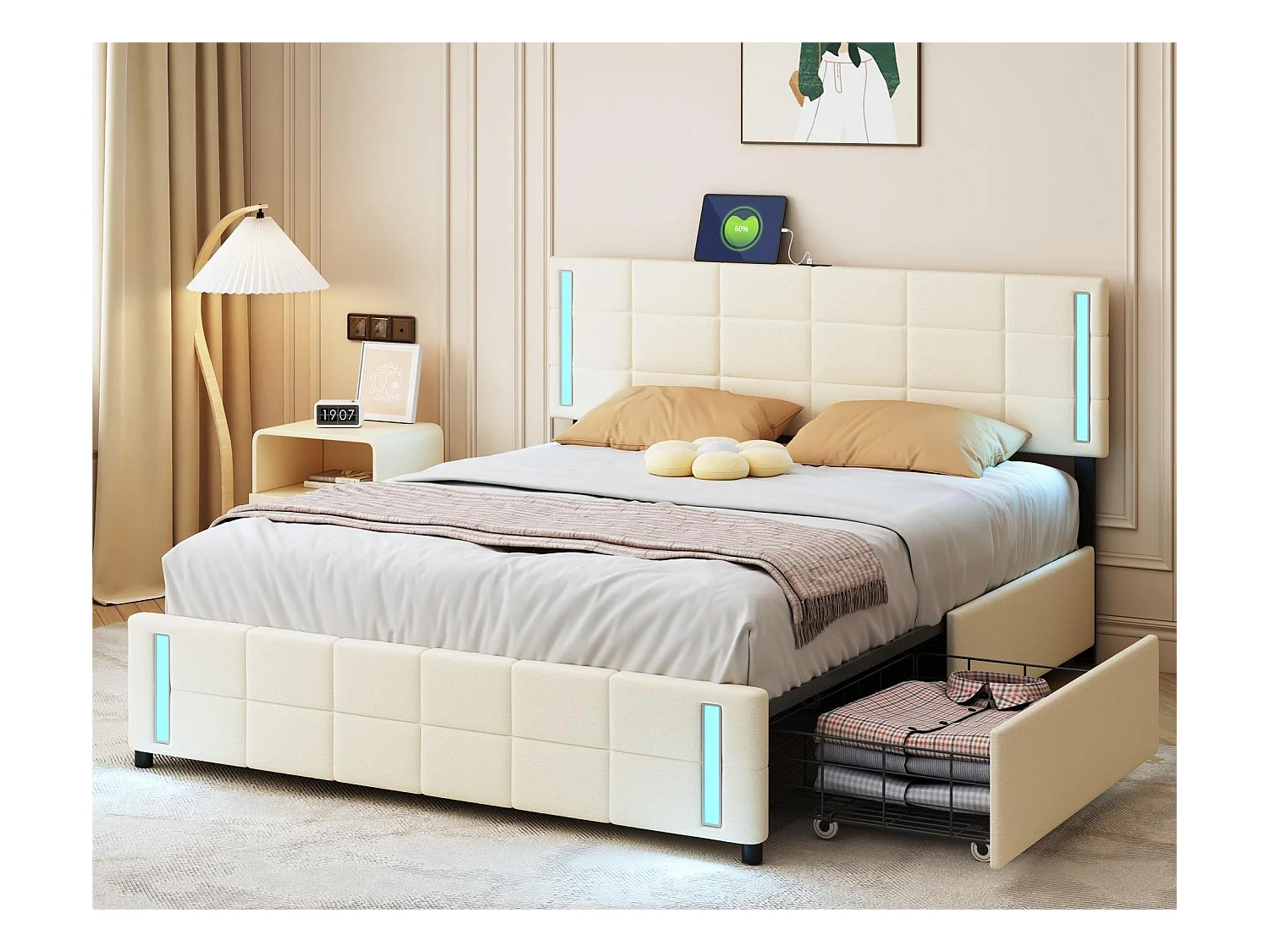 Lit avec rangement - 140 x 200 cm - 4 tiroirs - tissu lin - éclairage led - sommier à lattes - beige